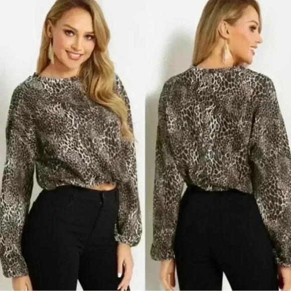 Zara Trafaluc Large Women’s Long Sleeve Animal Leopard Print Elastic Cropped Hem - Picture 1 of 10